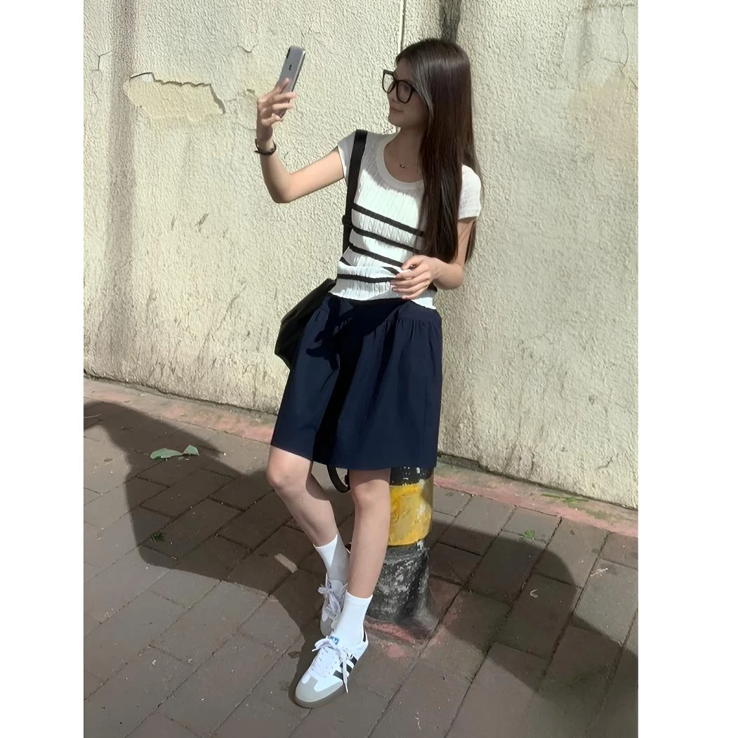 藏青色半身裙新款半身裙高腰休闲a字半裙中裙夏天日系穿搭女夏季