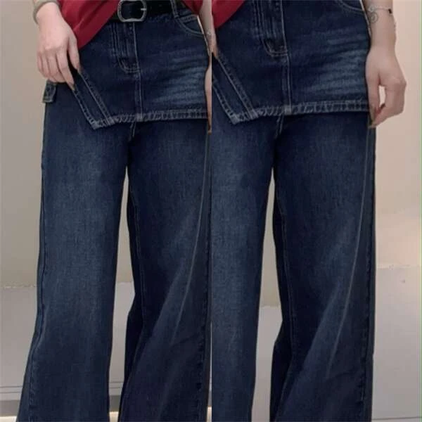 【巴韩】玲姐8010时尚百搭韩版欧货宽松直筒阔腿拖地假两件牛仔长裤