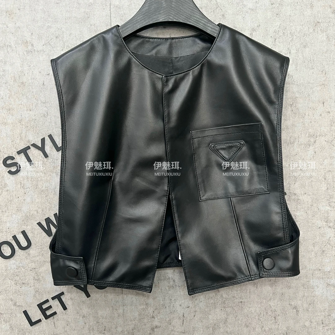2025新款真皮绵羊皮翡翠水晶油蜡皮马甲背心极简风休闲坎肩无袖潮