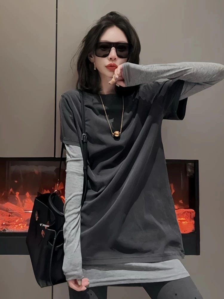 设计感真两件叠穿长袖T恤女2025早春新款韩版洋气水洗做旧打底衫