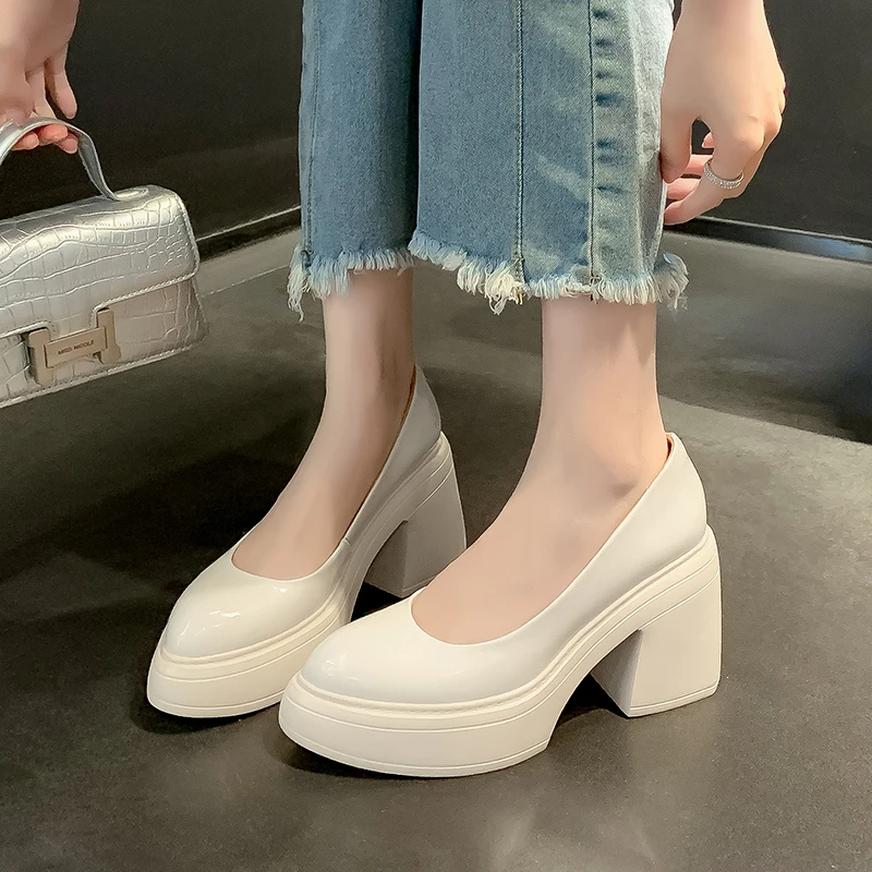 英伦风厚底小皮鞋女真皮粗跟乐福鞋2025早春季浅口超高跟懒人单鞋