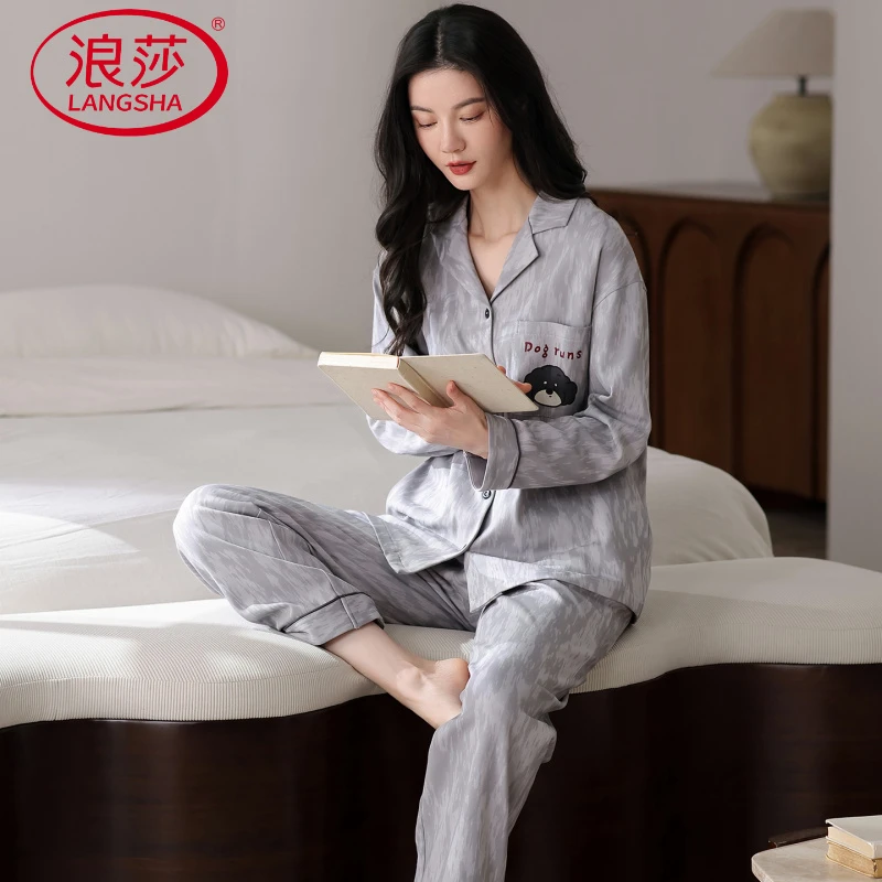 浪莎小狗女生学生少女轻爽卡通可爱家居服睡衣春秋款翻领前扣长袖