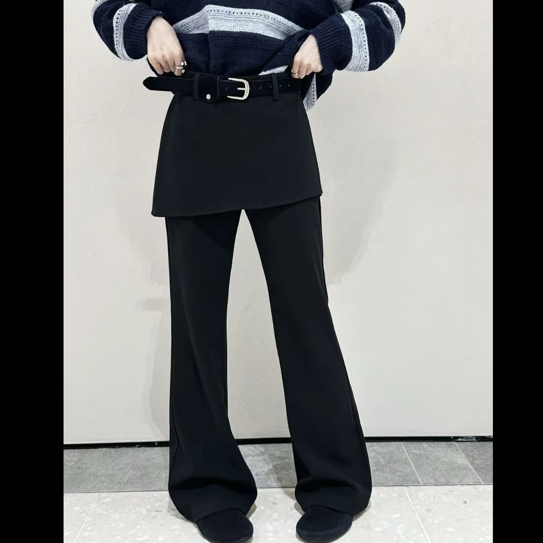 2025冬季新款屁帘微喇裤西裤不规则假两件长裤拖地休闲高腰西装裤