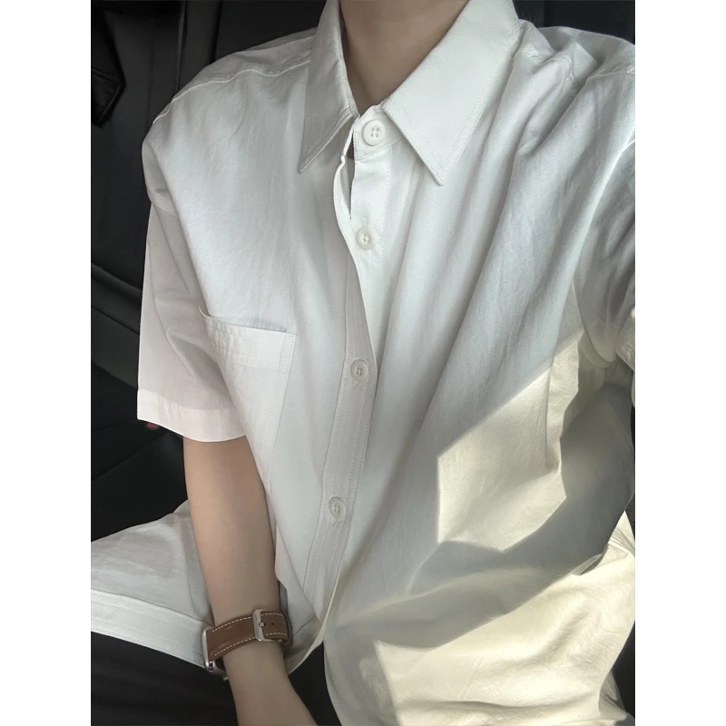 白色纯棉工装短袖衬衫男夏季日系复古衬衣cleanfit外套高级感半袖