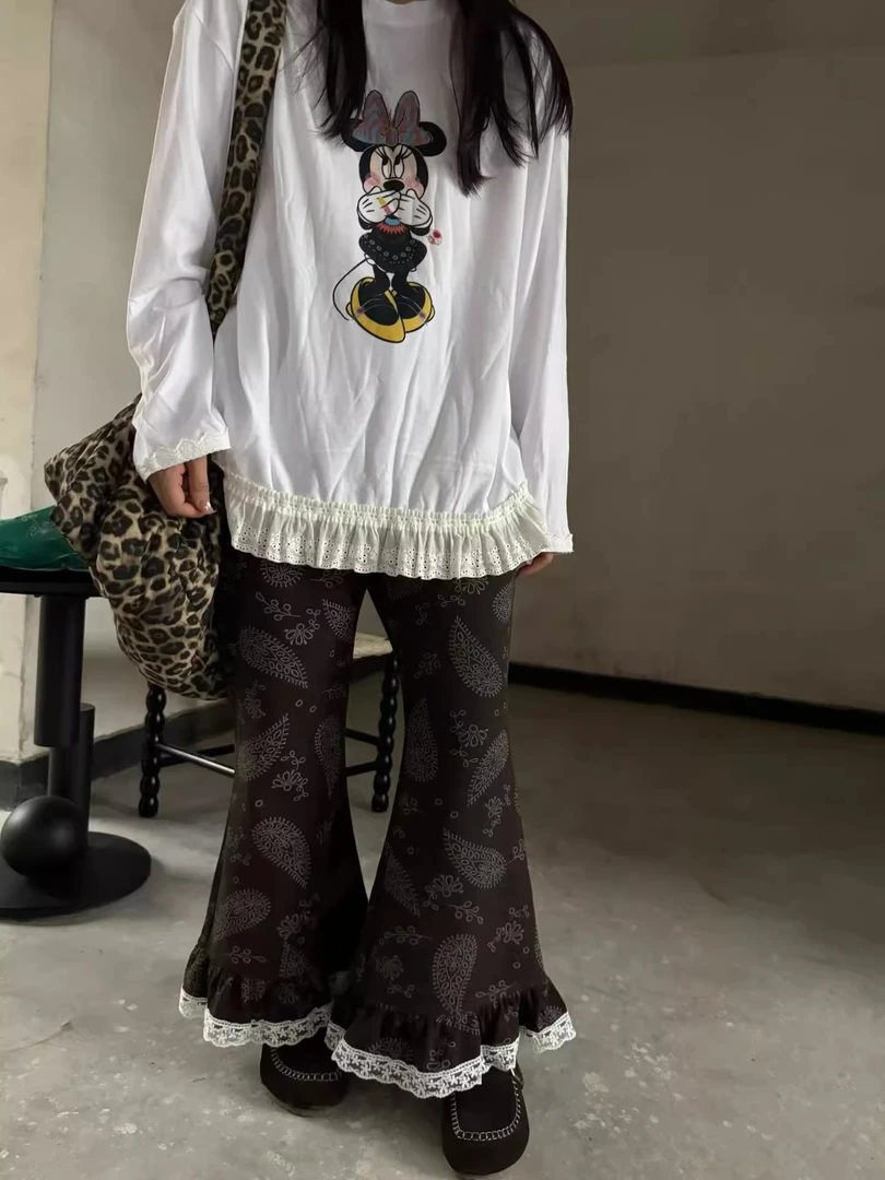 加绒加厚微喇裤2025冬季韩版新款复古花纹木耳边喇叭九分裤休闲裤