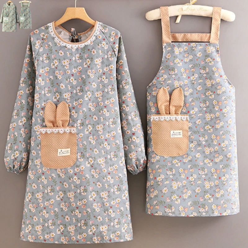 兔子帆布款长袖围裙厨房做饭女好看新款透气清洁罩衣工作服