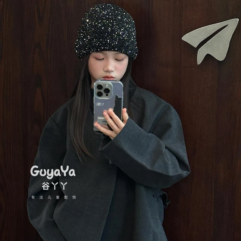 儿童亮片冷帽赵露思同款韩国黑色针织帽时尚包头帽子显脸小堆堆帽