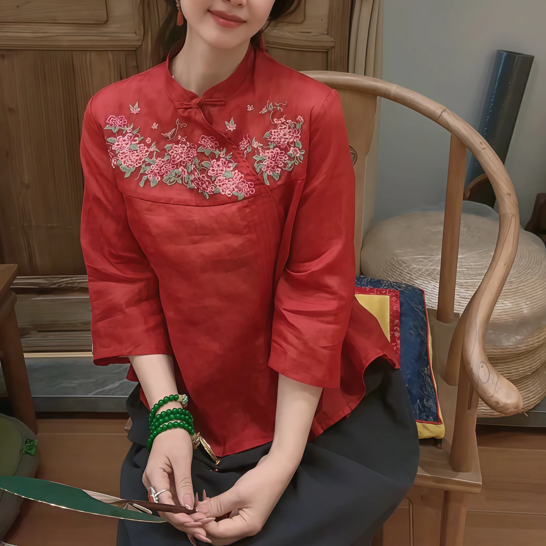 『蝶家』新中式复古斜襟文艺百搭绣球长袖中国风春夏民族风小衫3271
