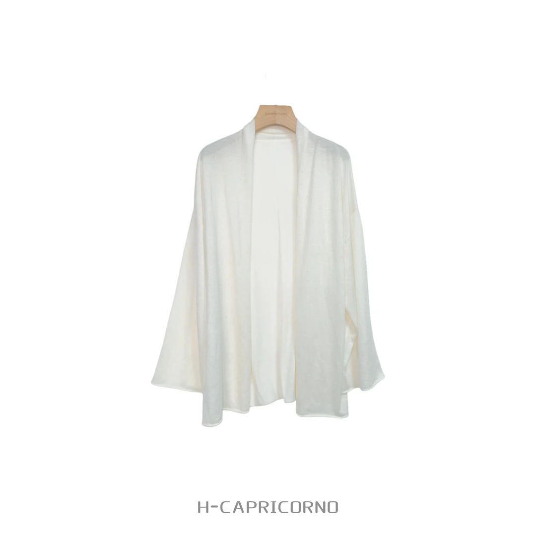 H-CAPRICORNO法式无领软糯绵羊毛极简水袖长袖开衫