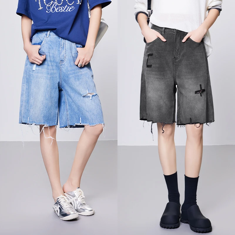 A美洋MEIYANG【商场同款】 海盐气泡牛仔中裤 破洞流苏须边五分裤