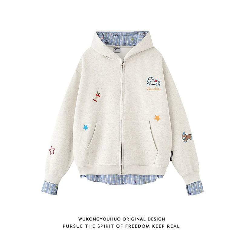 悟空有货潮牌小狗刺绣假两件拼接连帽卫衣男宽松情侣开衫拉链外套