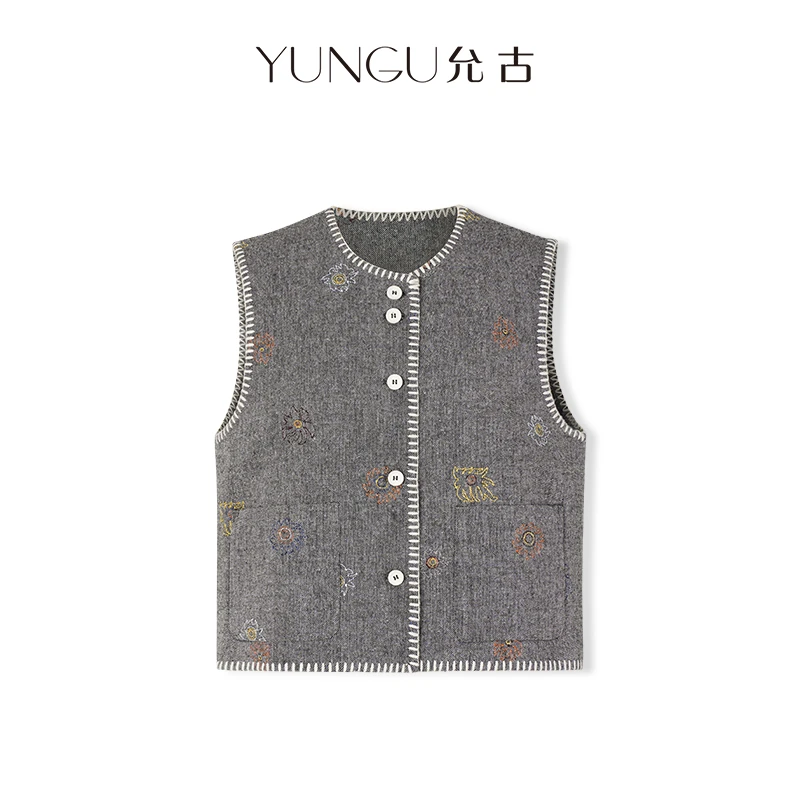 YUNGU允古 2025秋绵羊毛时尚百搭刺绣宽松马甲无袖马夹小香风外套