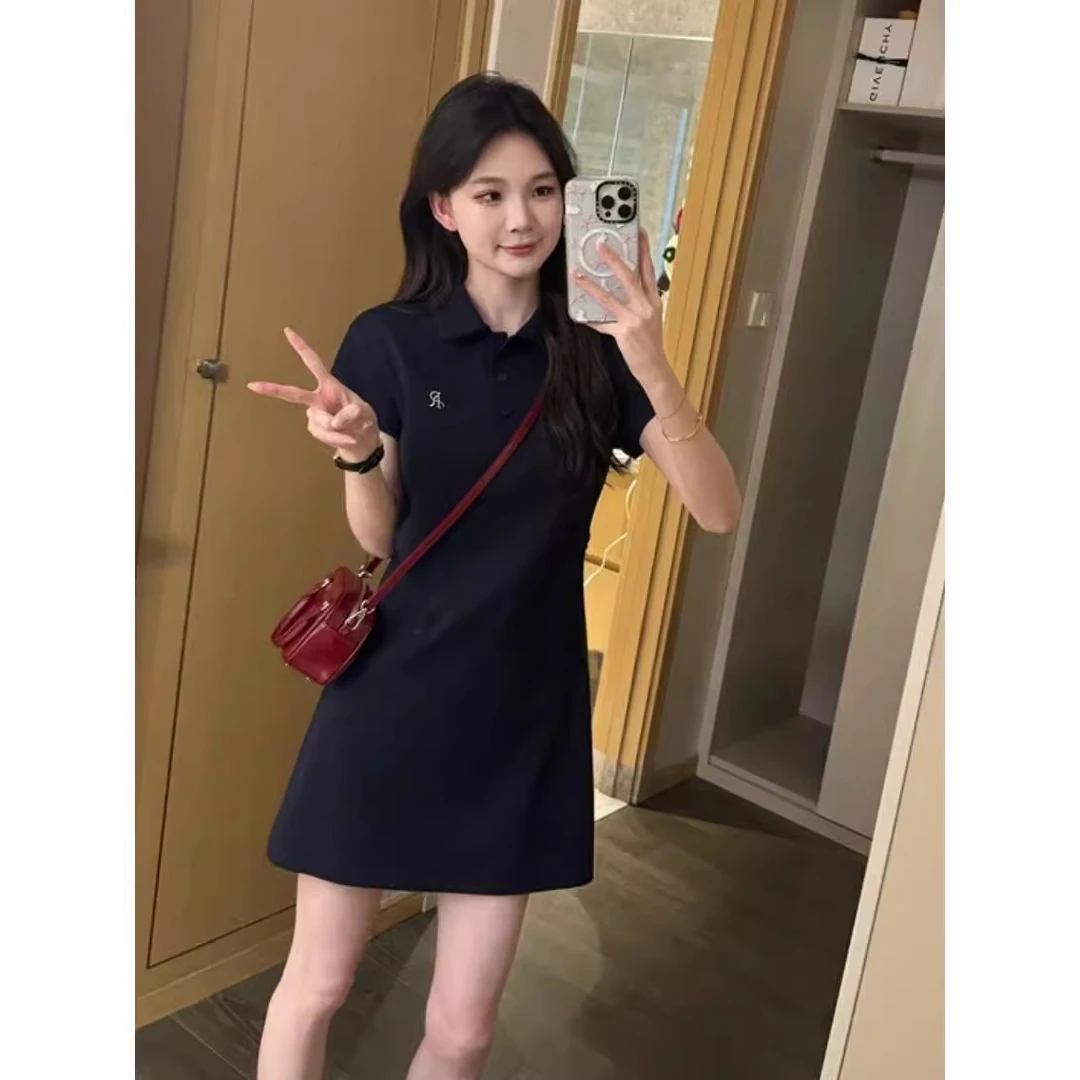2025学院风polo领连衣裙女夏季小个子收腰显瘦休闲洋气减龄t恤裙