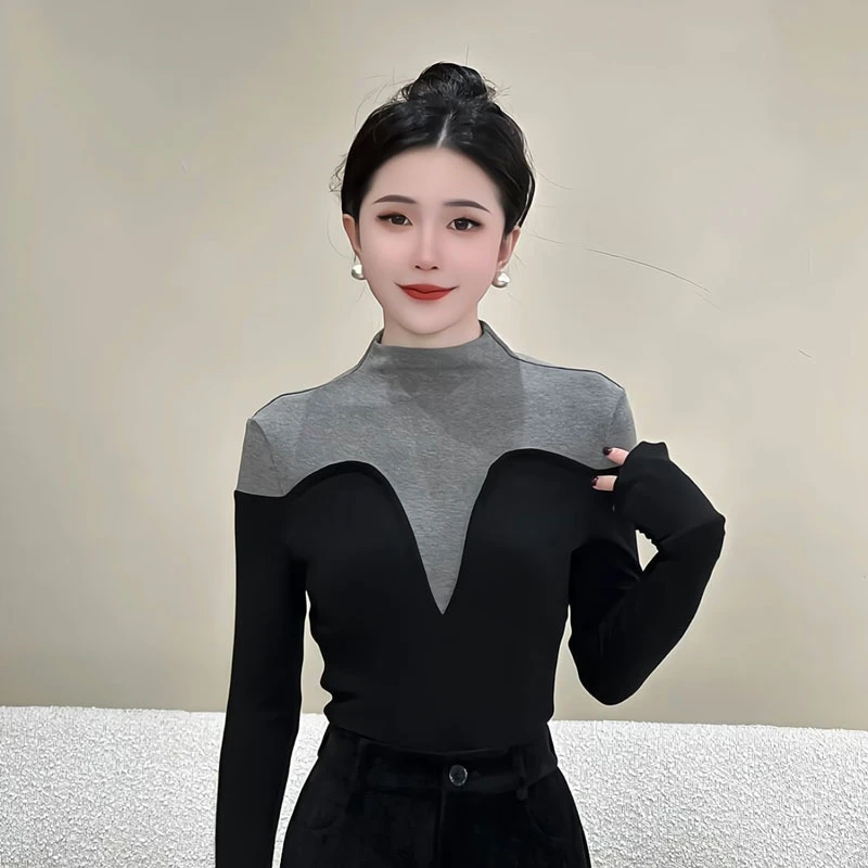 【优雅弧度】半高领拼接长袖T恤女2025新款百搭打底衫上衣7325