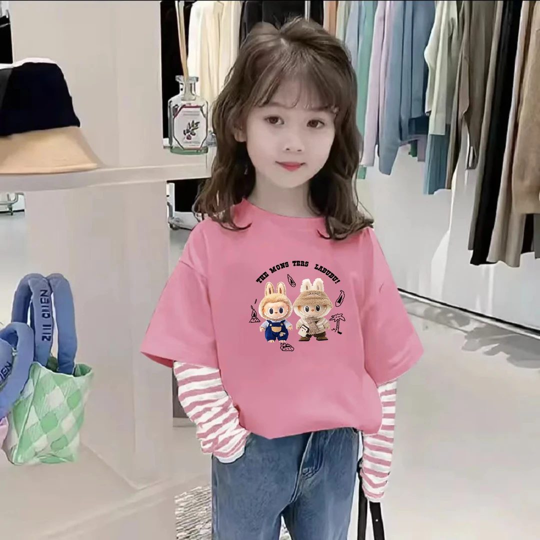 新款女童纯棉洋气秋装假两件长袖T恤儿童上衣宽松韩版百搭打底衫