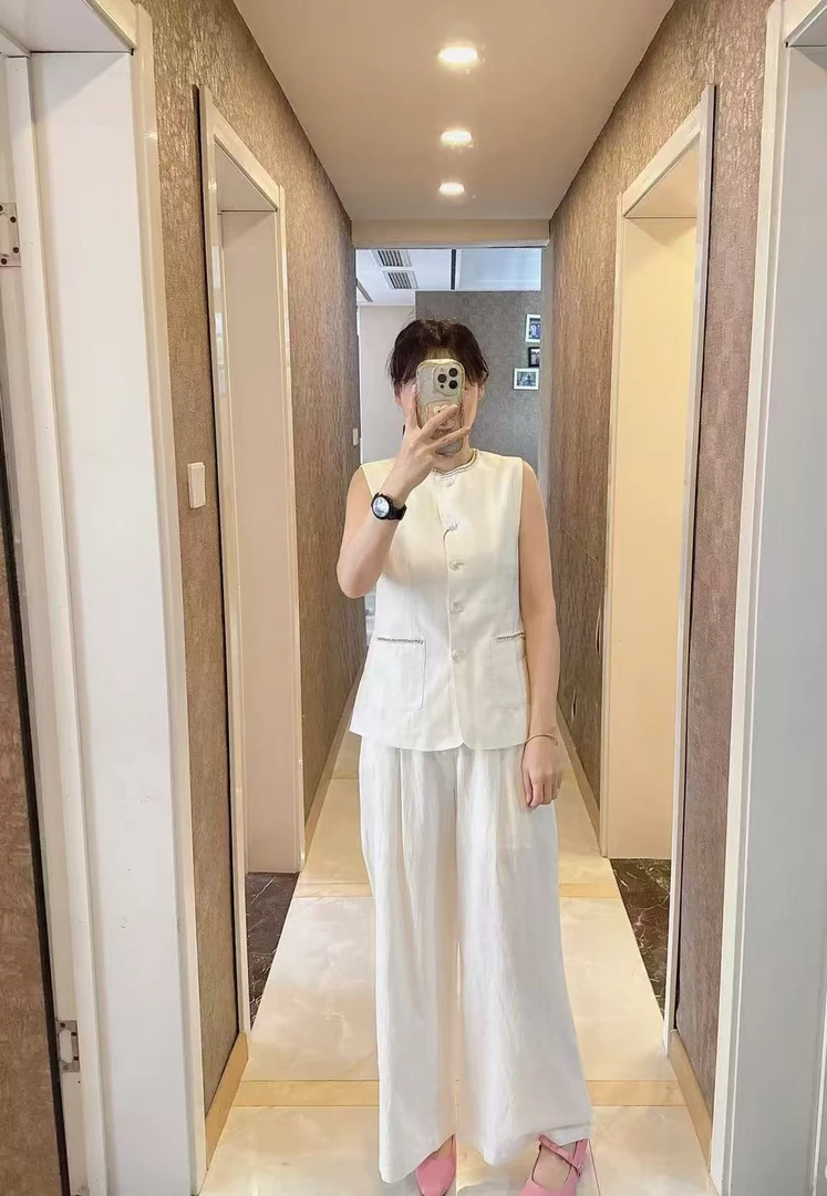 【艾家轻奢女装】2025夏新款亚麻收腰气质无袖上衣/亚麻休闲裤1018