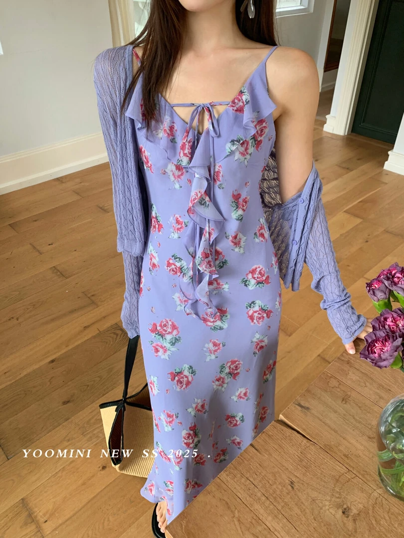 【福利no退换】16511紫藤垂雾·法式v领荷叶边露背海边度假风 紫花