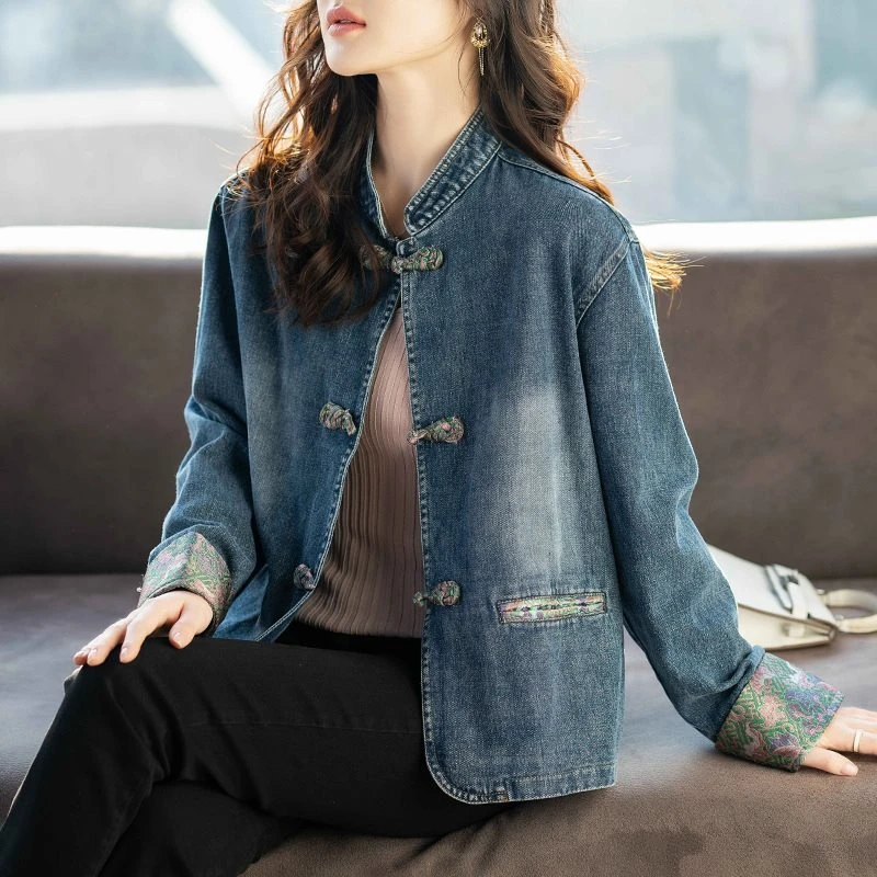 棉100%国风立领盘扣牛仔外套女短款秋装2024新款宽松外搭春秋季夹
