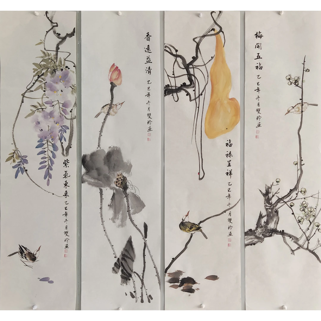吕双玲纯手绘国画小写意花鸟四条屏25X100cm石榴柿子竹子荷花宣纸