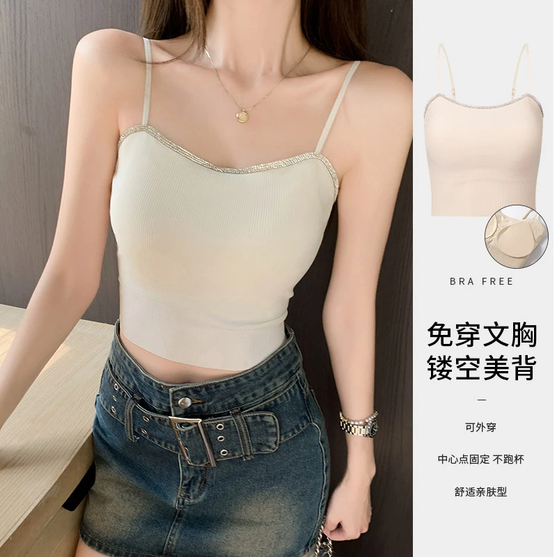 吊带背心女夏季内搭修身带胸垫遮副乳镂空点钻美背短款通勤上衣