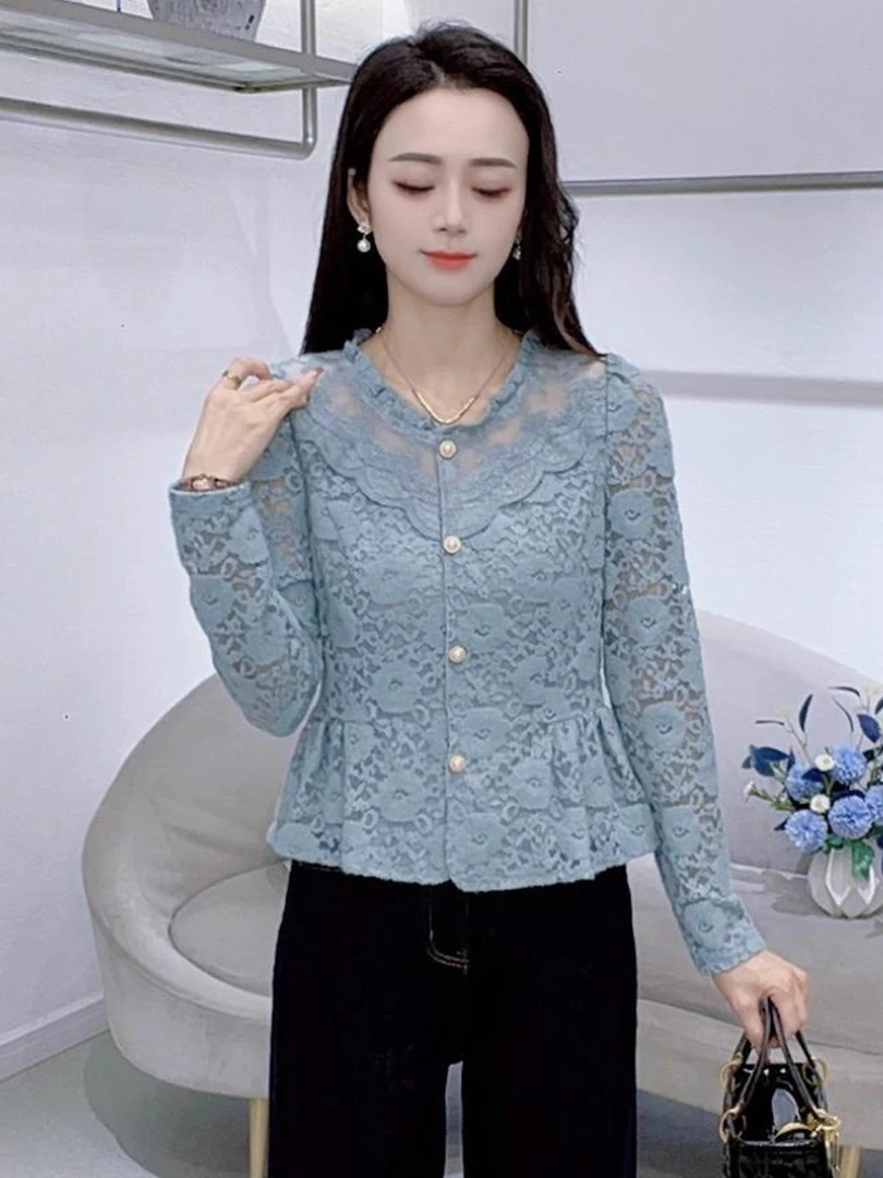 蕾丝拼接V领长袖衬衫女秋冬加绒加厚新款时尚气质收腰小个子衬衣