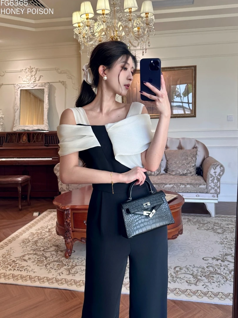 6365拼纱吊带西裤气质连体裤显瘦