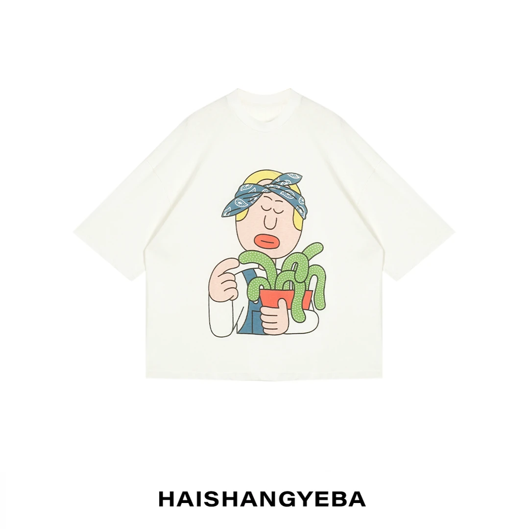 【海上叶爸】新款2025夏季百搭棉圆领套头宽松卡通图案休闲T恤