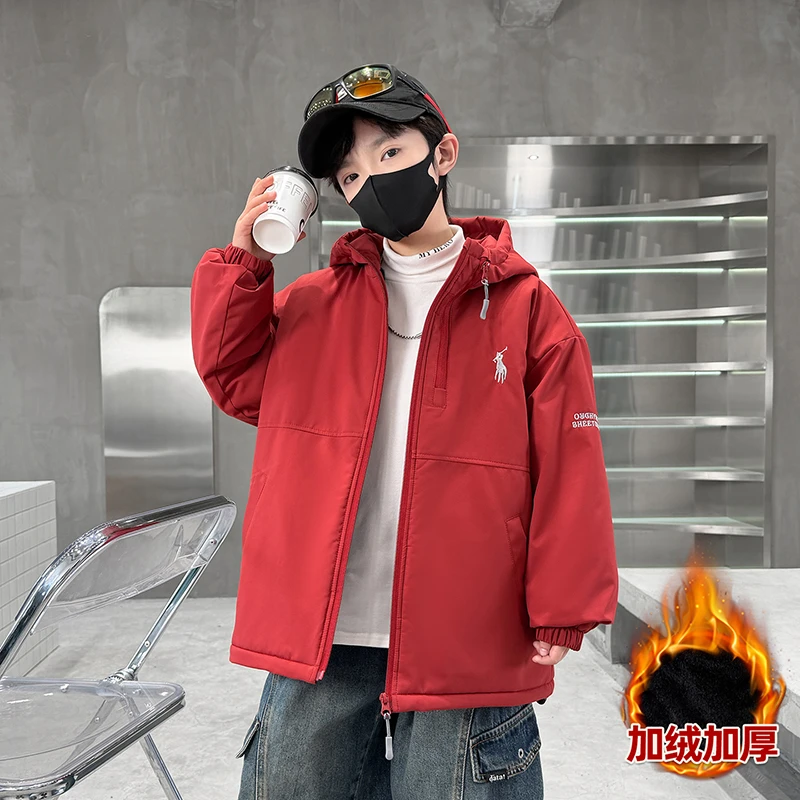 男童加绒加厚外套秋冬装2026新款儿童百搭保暖痞帅风连帽冬季上衣