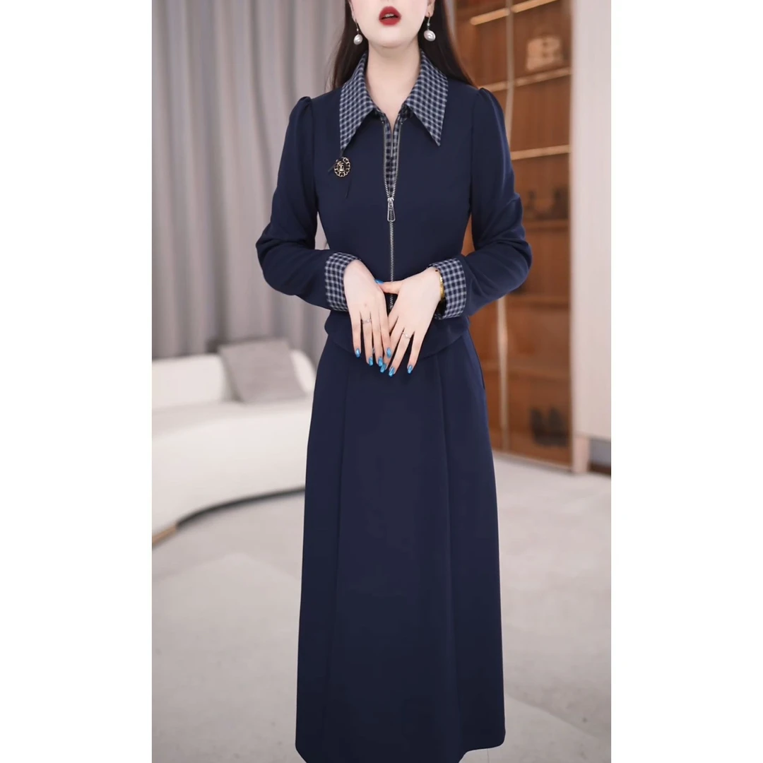 时尚翻领假两件连衣裙女2025秋季新款气质显瘦设计感中长款休闲裙