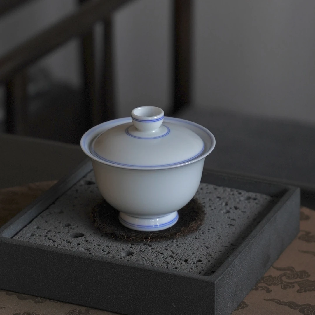 景德镇全手工陶瓷高足盖碗玉泥双线大容量二才泡茶碗防烫功夫茶具