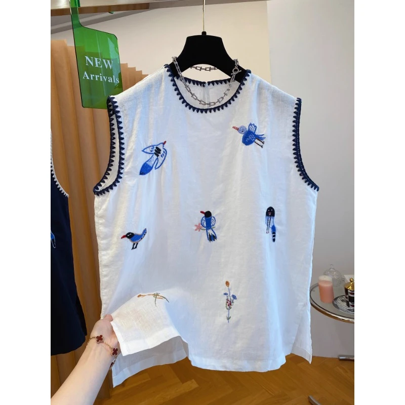 大码女装老钱风高端刺绣无袖上衣2025夏新款胖MM宽松坎肩背心T恤