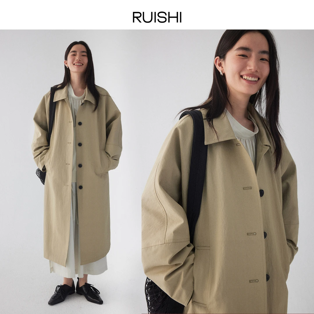 RUISHI芮时肌理复古翻领立体直身廓形长款风衣外套女春R25A112502