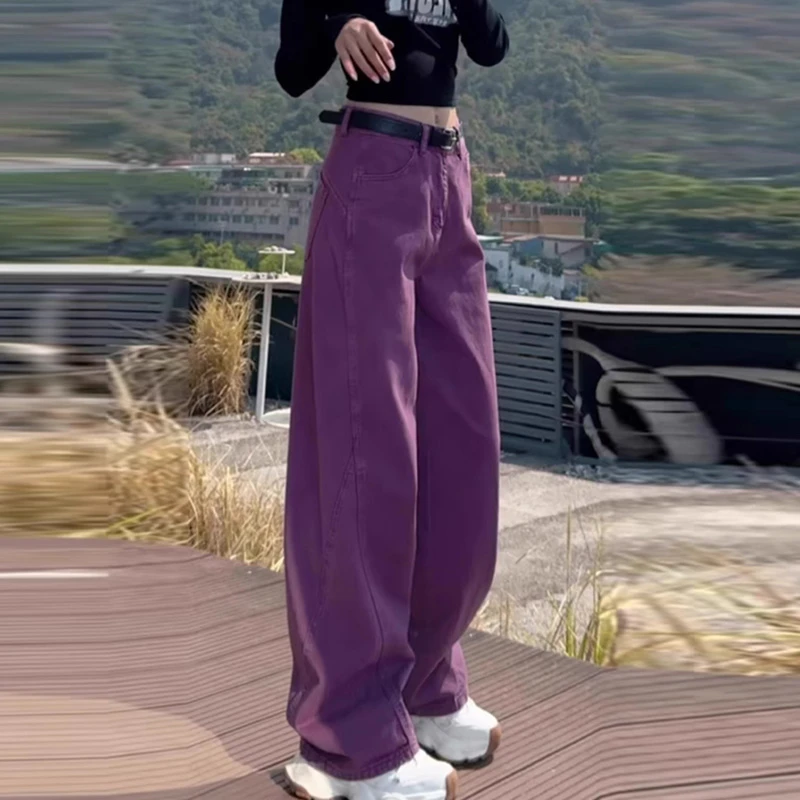 美式弯刀牛仔裤女宽松显瘦垂感2025秋季新款高腰紫色长款阔腿裤