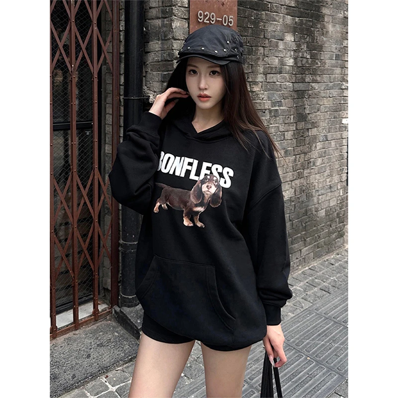 美式高街连帽卫衣女早秋腊肠狗印花情侣帽衫慵懒风宽松休闲上衣潮