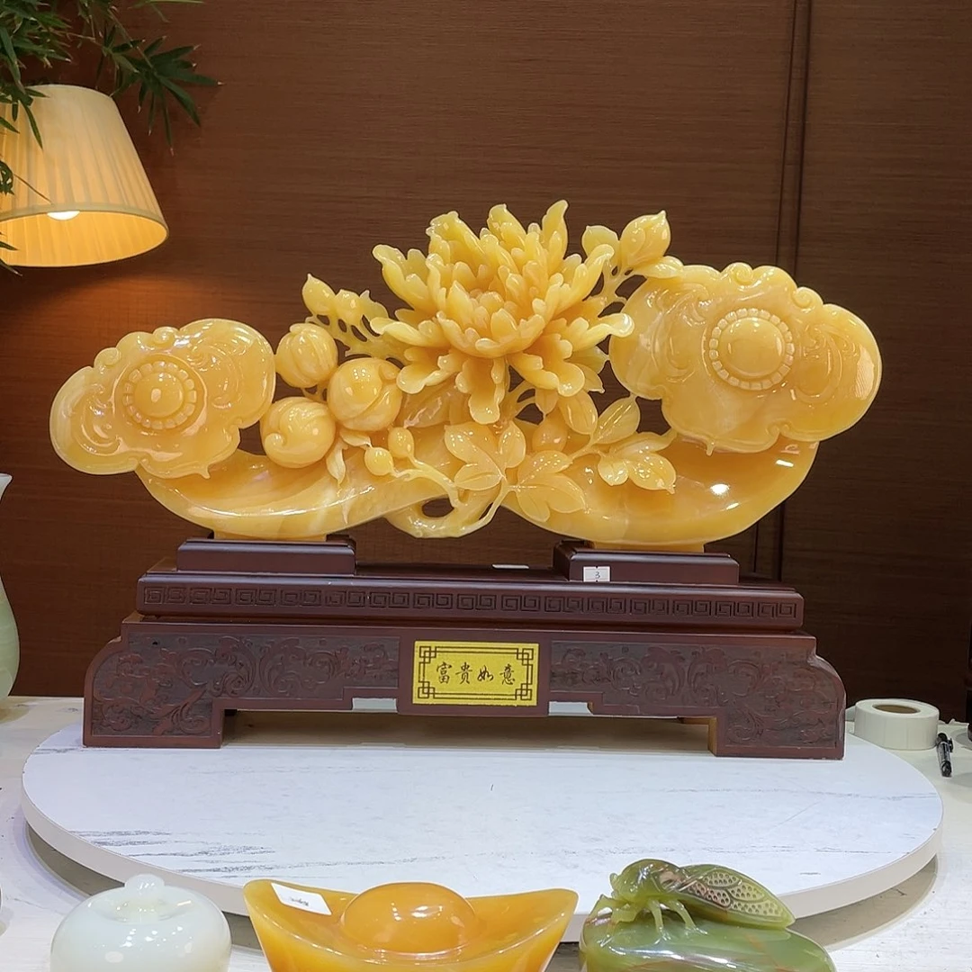 玉精品天然玉石如意牡丹花摆件