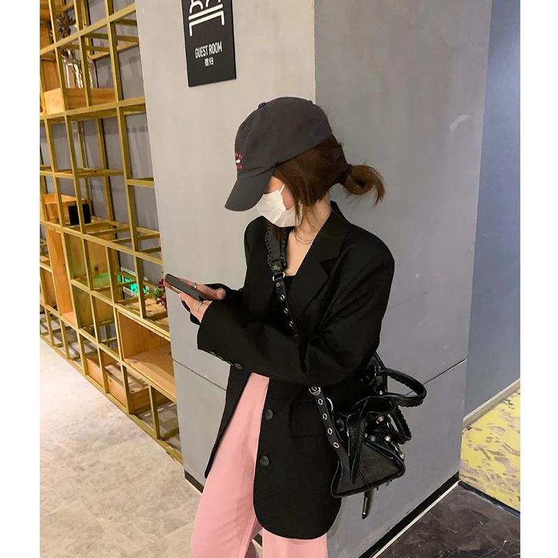 Halo nini 小西装外套女春秋2024新款韩版宽松经典小廓形黑色外套