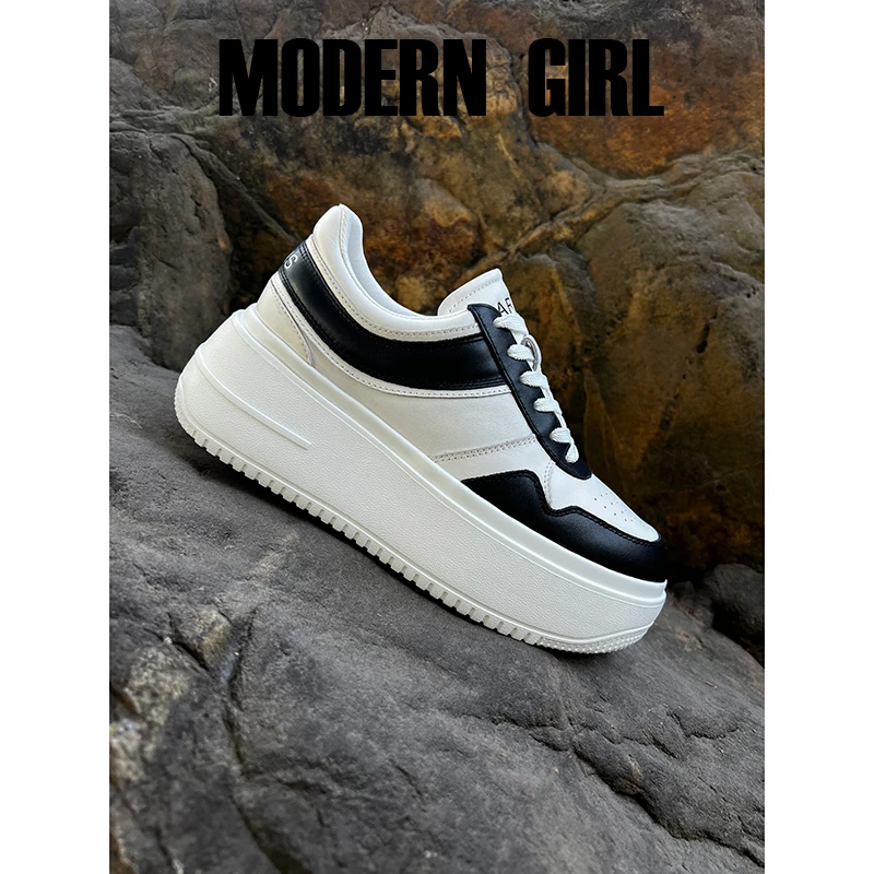 摩登女郎2025春新款厚底高跟拼色休闲板鞋牛皮女单鞋小白鞋欧货