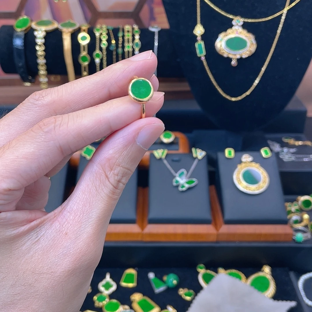 翡翠银S925镀金镶嵌戒指