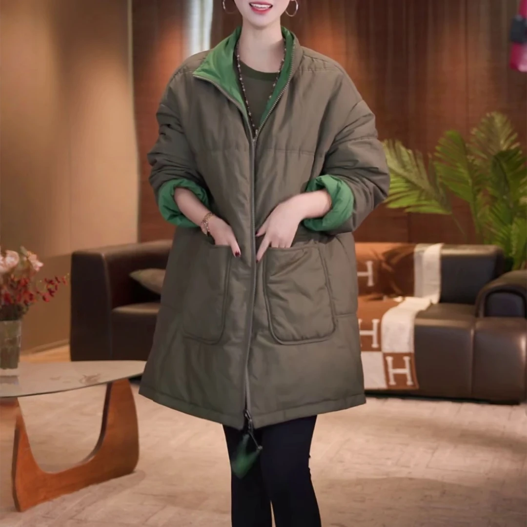 时尚百搭中长款立领棉衣外套秋冬新款宽松显瘦加厚保暖双面穿棉服