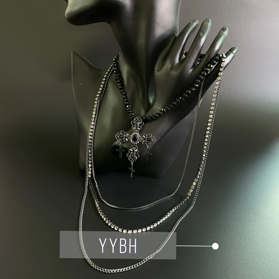 合金仿水晶项链 链条轻奢时尚镶嵌简约坠链多层黑水晶项链颈链