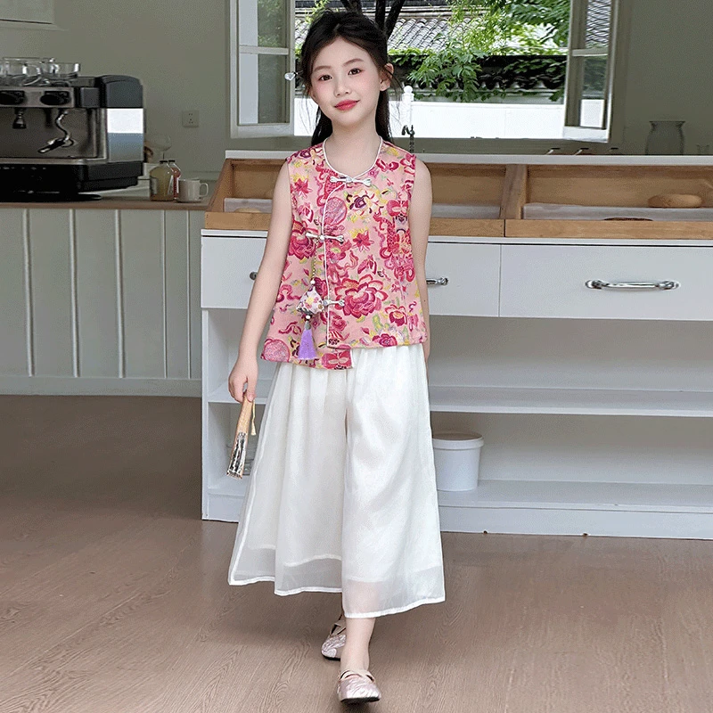女童国风裙裤两件套2025夏季新款中大童时髦洋气新中式无袖套装潮
