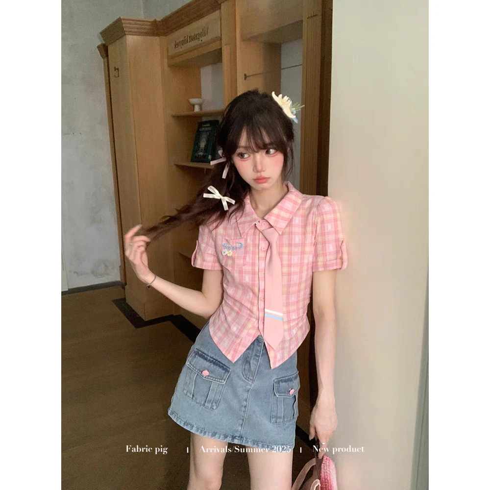 【下播秒发】甜美学院风粉色格子衬衫女夏季修身显瘦套装