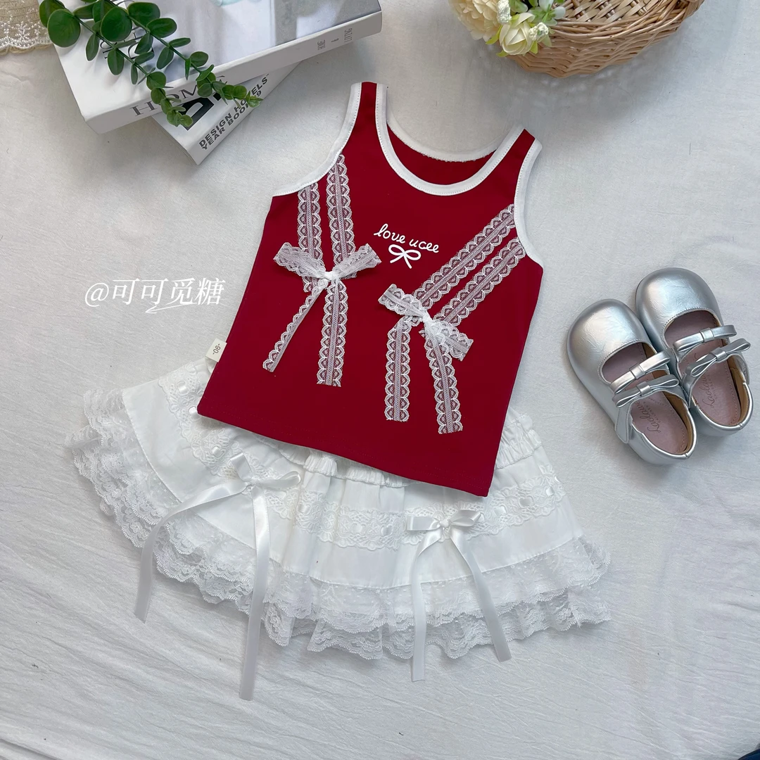 【可可觅糖】25年夏季女宝新款时尚芭蕾风蕾丝蝴蝶结无袖T恤 A701