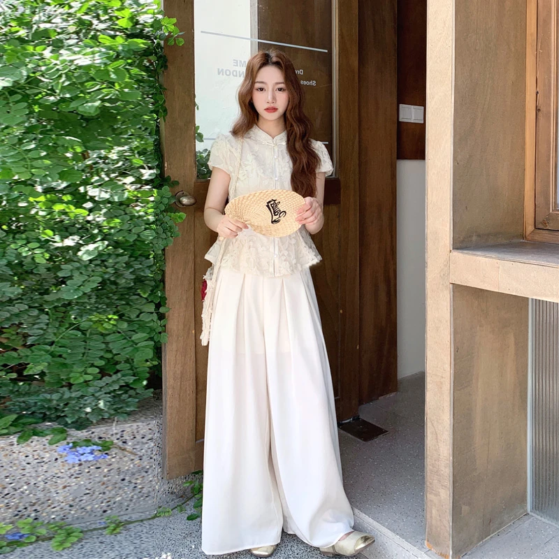 国风新中式提花上衣阔腿裙裤2025夏季新款优雅气质温柔风时尚套装