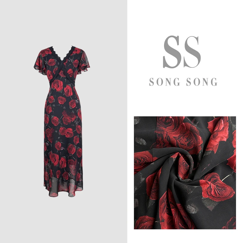 SONG-原创【连衣裙-朵朵盛开】炒色乔其纱设计时尚显瘦气质短袖