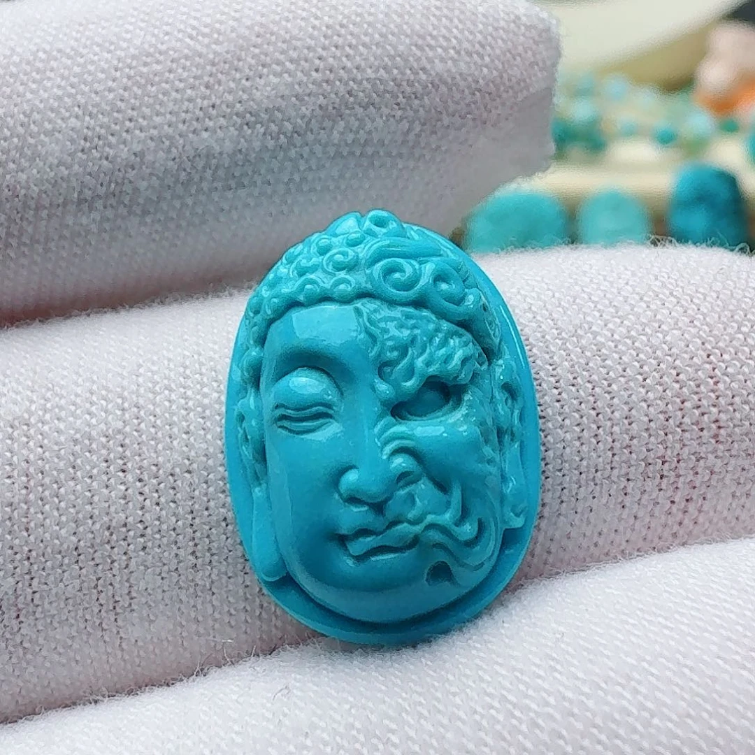 绿松石未镶嵌高瓷玉化蓝精雕一念之间戒面