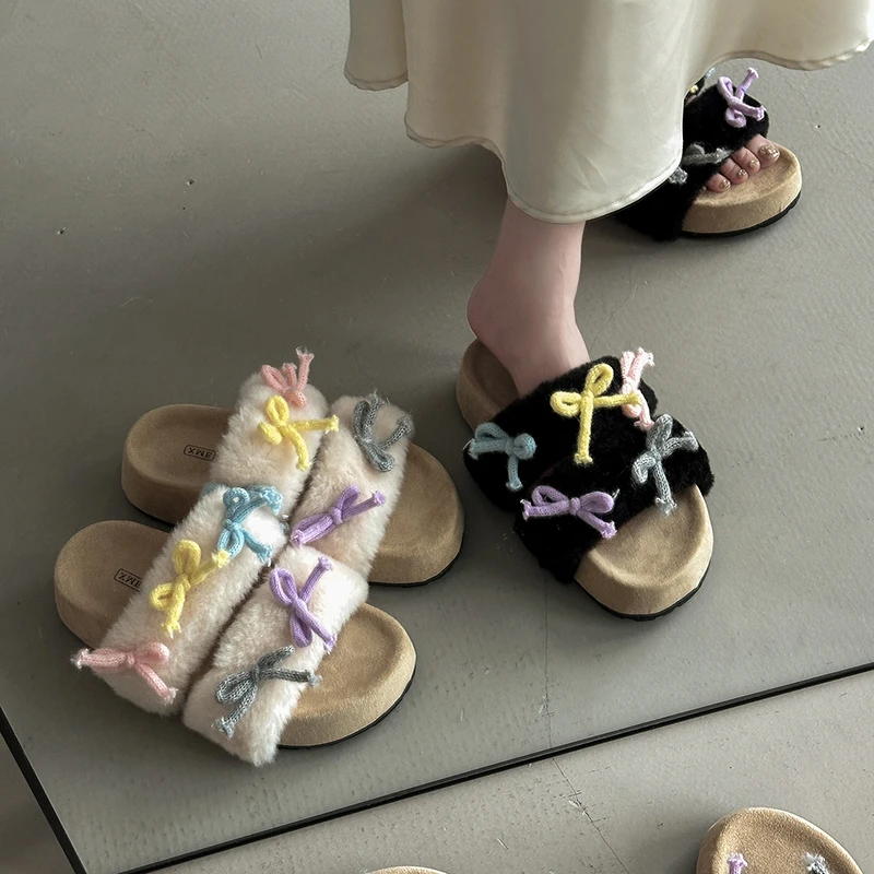 韩版时尚设计感百搭拼色蝴蝶结浅口单鞋女2025秋冬一字休闲鞋毛拖