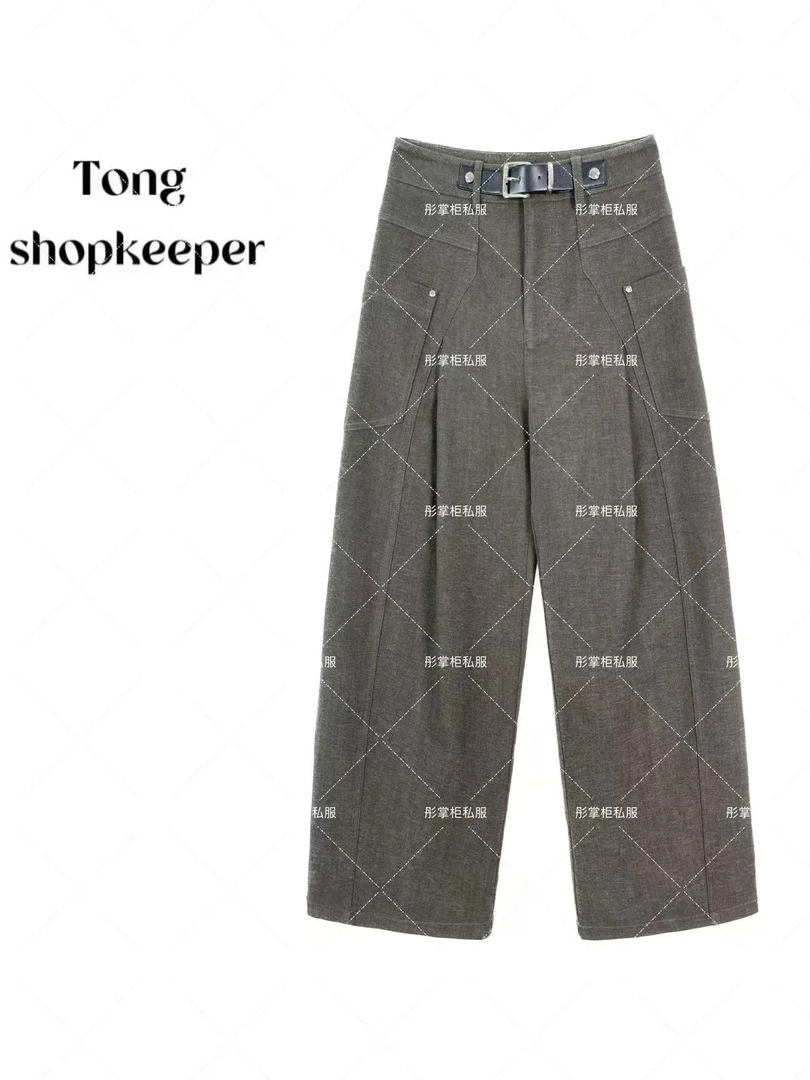 QJ/彤掌柜1682623 秋冬2025绵羊毛老钱风微褶腰头皮扣气质休闲裤