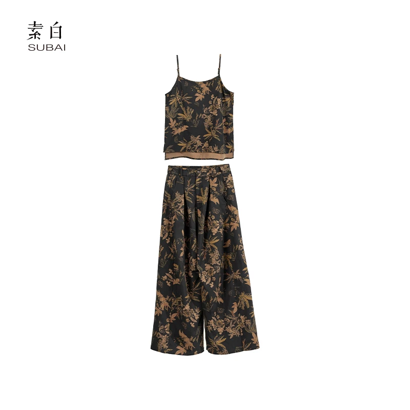 素白马乖【爱人错过】K01866咖底印花吊带时尚百搭休闲阔腿裤套装