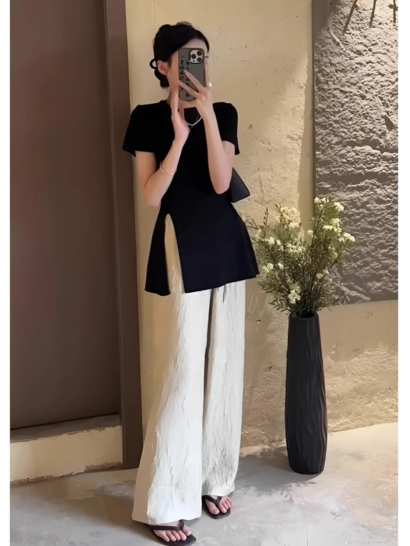 黑色蝴蝶结系带冰丝针织短袖T恤洋气开叉上衣搭配阔腿裤两件套装